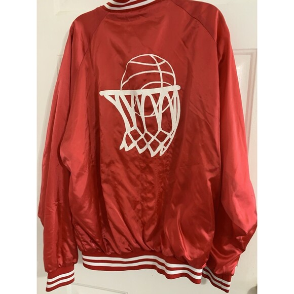 Vintage Cardinal Red  Satin Bomber Jacket Mens L Basketball Logo (Flaws/Read) - Picture 1 of 16